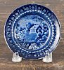 Staffordshire blue transfer cup plate, 19th c., with an English cottage scene, 3 3/4'' dia.