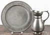 Pewter charger, ca. 1800, unmarked, 15'' dia., together with a Holland pewter water pitcher, early 20