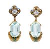 A Pair of Yellow Gold, Aquamarine, Diamond and Polychrome Enamel Pendant Earrings, 6.10 dwts.