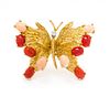 An 18 Karat Yellow Gold, Coral and Diamond Butterfly Motif Brooch, 9.70 dwts.