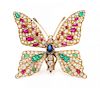 A Fine 18 Karat Yellow Gold, Diamond, Sapphire, Ruby and Emerald Butterfly Brooch, French, 16.20 dwts.