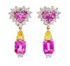 A Pair of Platinum, Colored Diamond, Diamond and Pink Sapphire Earclips, 7.00 dwts.