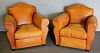 Pair Vintage French Art Deco Leather Club Chairs