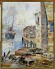 European Abstract Cubist O/C Harbor Painting