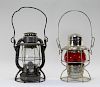 2 Antique Etched & Red Glass Railroad Lanterns