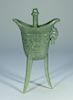 Chinese Carved Celadon Jade Jia Tripod Vessel