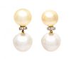 A Pair of 14 Karat Yellow Gold, Cultured South Sea Pearl, Faux Pearl and Diamond Earclips, 11.20 dwts.
