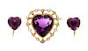 A Collection of Yellow Gold and Amethyst Heart Motif Jewelry, 5.50 dwts.