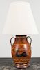Greg Shooner redware table lamp, signed and dated 1999, with slip stag decoration, 14 1/2'' h.