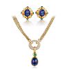 A Sapphire, Diamond, and Emerald Necklace and Earrings Set