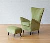 UPHOLSTERED ARMCHAIR AND OTTOMAN, STYLE OF GIO PONTI