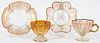 MOSER & VENETIAN GILT ENAMELED GLASS CUPS & SAUCERS