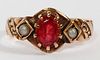 ANTIQUE YELLOW GOLD RED STONE AND SEED PEARL RING