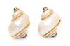 A Pair of 18 Karat Yellow Gold, Shell and Cultured Pearl Earclips, Seaman Schepps, 11.40 dwts.