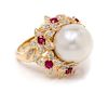 An 18 Karat Yellow Gold, Cultured South Sea Pearl, Ruby and Diamond Ring, 8.40 dwts.