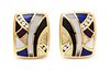 A Pair of 14 Karat Yellow Gold, Diamond, Lapis Lazuli, Onyx, Sugilite, and Mother-of-Pearl Earclips, Asch Grossbardt, 8.40 dw