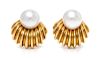 A Pair of 18 Karat Yellow Gold and South Sea Cultured Pearl Earclips, 23.80 dwts.