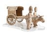 A Pottery Model of an Ox Cart with Two Standing Attendants