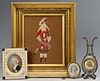 Miniature portraits, clock, and textile, 4 items