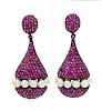 A Pair of Rhodium Plated Sterling Silver, Pink Sapphire and Cultured Pearl Earrings, 9.20 dwts.