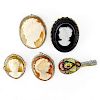 Collection of Three (3) Vintage Carved Shell Cameo Brooches, One (1) Sulphide Cameo Brooch and an Italian Micro Mosaic Brooch