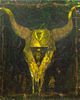 Large Contemporary Abstract Oil on Board. Features a Steer Skull with a Cowboy in Center.