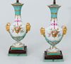 Pair of Sèvres Style Vases with Ram's Head-Form Handles, Mounted as Lamps