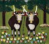 Maud Lewis (Canadian, 1903-1970)      Two Oxen by a Tulip Garden