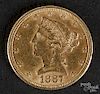 Liberty Head five dollar gold coin, 1887 S.