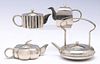 FOUR CHINESE NICKEL SILVER YIXING INSPIRED TEAPOTS