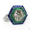 Approx. 1.50 Carat Old European Cut Diamond, 1.40 Carat Sapphire, .85 Carat Emerald and Platinum Ring. .