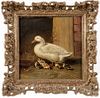 Oil on canvas of a duck and hatchlings, late 19th c., 12'' x 12''.