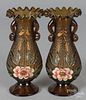 Pair of painted amber glass vases