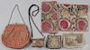Two crewelwork panels, together with four purses.