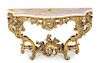 A Louis XV Style Giltwood Console Table Height 33 1/8 x width 55 x depth 20 3/4 inches.