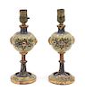 A Pair of Painted Wood Lamps Height 11 7/8 inches.