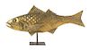 A Gilt Copper Fish Weathervane Height 12 3/4 x width 25 1/2 inches.