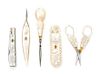 * A Group of Five Palais Royal Mother-of-Pearl Sewing Tools, , comprising a stiletto, pocket knife, scissors, needle case and