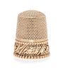 * An American Yellow Gold Thimble, , having a knurled top and body above a foliate band with an engraved cartouche within two