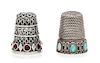 * A Group of Two Continental Silver and Stone Thimbles, , comprising an example with three tiers of pierced wrigglework above