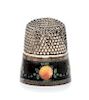 * An American Silver and Enamel Thimble, , having a knurled top and body above a black enamel band decorated to show fruit an