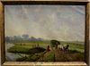19th Century Continental School 
oil on canvas 
Farm Landscape Along Canal with Windmill 
signed lower left illegibly 
22 1/2