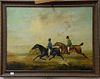 19th Century  oil on canvas  Two Riders on Horses with Dog Foxhunt Scout  unsigned  30" x 40"