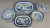 Five Chinese Canton blue and white serving pieces to include two platters, covered serving tureen, scallop edged bowl, and a 