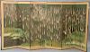 Six panel folding screen depicting sparrows flying amongst bamboo trees, Edo Period, 19th century, ink and color on silver le