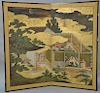 Large painted two panel folding screen depicting Tales of Genji, ink and color on gold leaf paper, courtyard scene with scrol