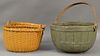 Two piece lot including splint basket with swing handle and a wood basket with replaced handle.  size without handles ht. 7 3