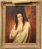 19th century portrait 
oil on canvas 
Woman Holding Onto Red Drapes 
unsigned 
W.J. Berge label on verso School of Amerling 
