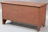 Primitive lift top blanket chest with original snipe hinges in original red stain.  ht. 20in., top: 15 1/2" x 36 1/2"  Proven