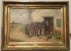 Oil on canvas 
Barnyard with Two Working Horses and Chickens 
with attribution to J.F. Herring 
24" x 36"